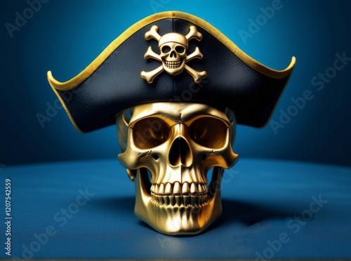 Golden pirate skull wearing a stylish black hat with silver skull and crossbones on display against a blue backdrop photo