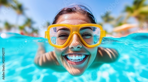 A woman wearing yellow diving goggles is smiling and swimming in the pool photo