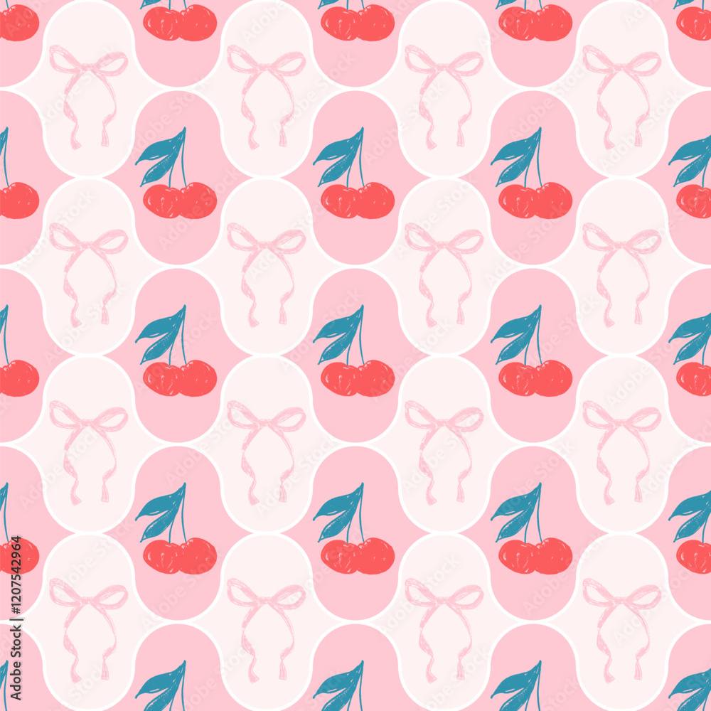 Cherry with bow crayon drawn seamless pattern. Coquette allover background. Damask girly repeat backdrop. Surface pattern design spring ogee motif. Vector hand drawn illustration. Cherry with bow crayon drawn seamless pattern. Coquette allover background. Damask girly repeat backdrop. Surface pattern design spring ogee motif. Vector hand drawn illustration.