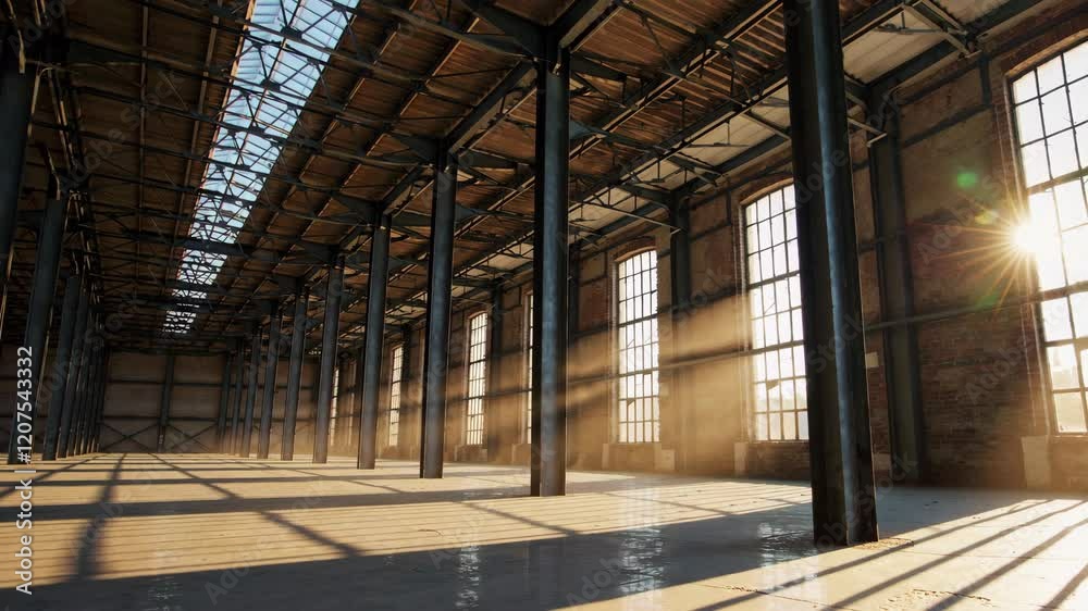 sunlit empty industrial warehouse with steel beams and large windows, architectural design and structural concept sunlit empty industrial warehouse with steel beams and large windows, architectural design and structural concept