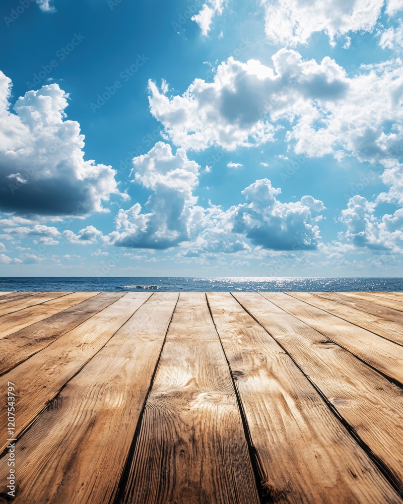 Sunny Summer Seascape Wooden Deck Ocean View Blue Sky Cloudscape Sunny Summer Seascape Wooden Deck Ocean View Blue Sky Cloudscape