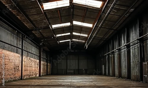 Dark, empty warehouse interior with brick walls, corrugated metal siding, and skylights.