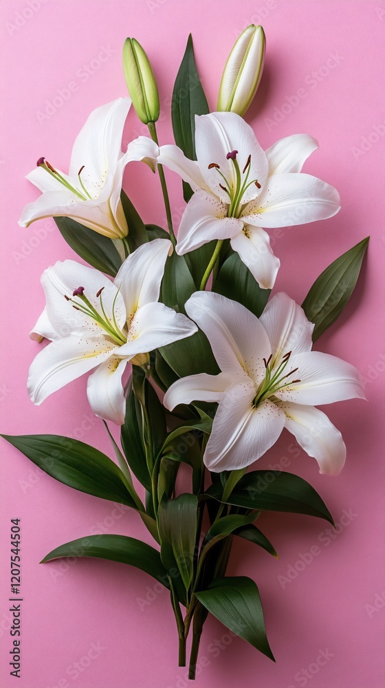 Fototapeta premium Elegant White Lilies on Pink Background Delicate Floral Arrangement Spring Blooms