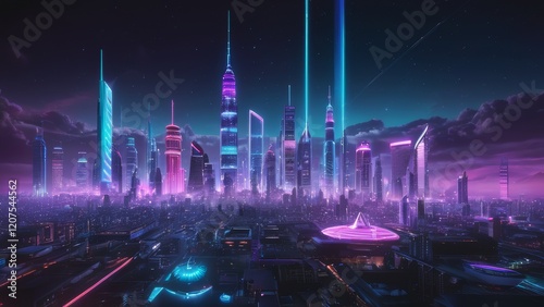 A cyberpunk city street with neon lights and skyscrapers