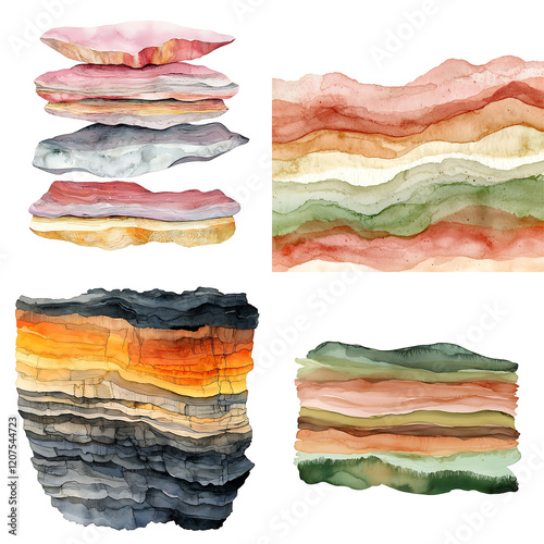 Layered geological formations natural earth elements watercolor illustrations vibrant textures artistic viewpoint geological concepts photo