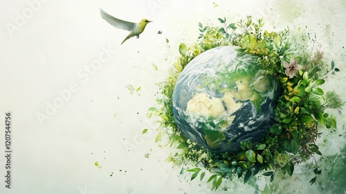 Fototapeta Naklejka Na Ścianę i Meble -  Hummingbird and Earth in Green Nature Abstract Design