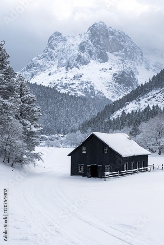Snowy Mountain Cabin Winter Wonderland Serene Landscape Peaceful Solitude
