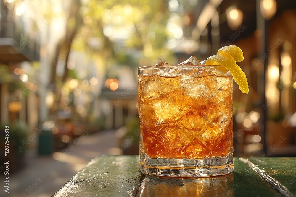 Obraz premium A cocktail sits on an outdoor table at a Charleston restaurant