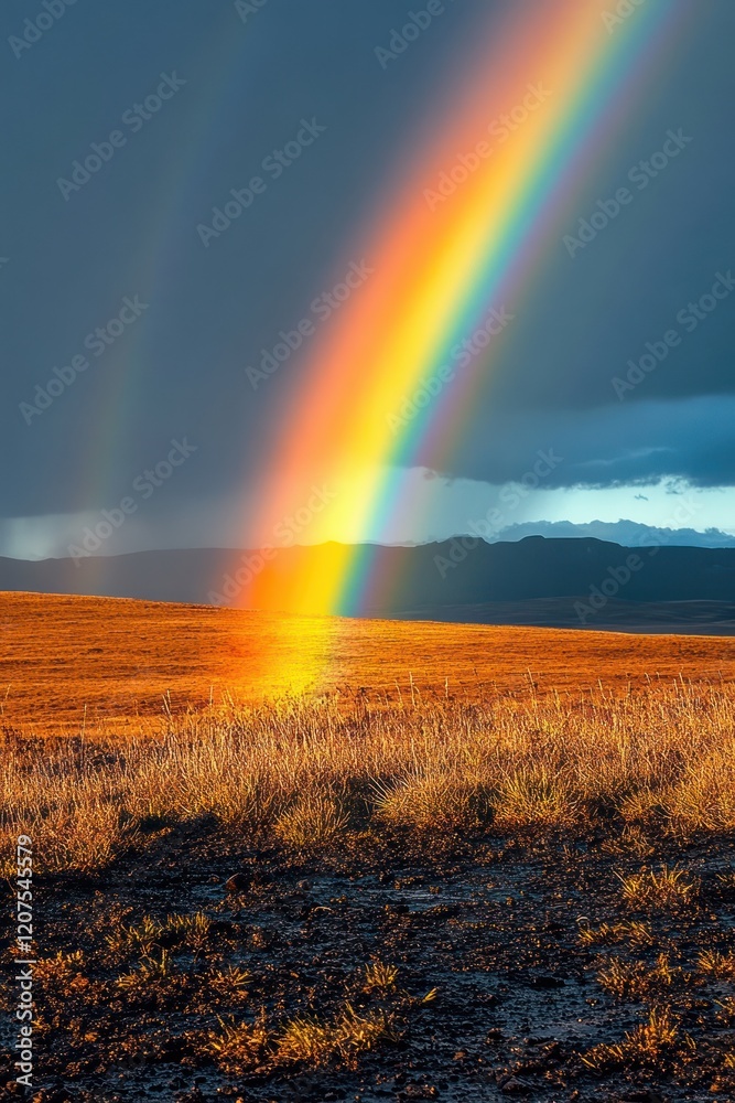Vibrant rainbow over golden field, dramatic sky. Vibrant rainbow over golden field, dramatic sky.