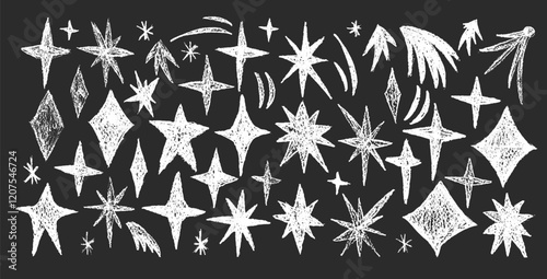 Sparkles stars doodle set. Crayon scribble blings on chalkboard. Comets and blinking on night sky by chalk. Vector handdrawn by pencil illustration isolated on black background.