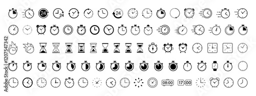 Time and Clock line icon set. Included Clock, Stopwatch, Timer vector icon collection. Editable Stroke.