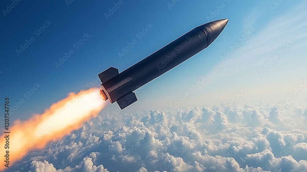 A rocket soaring through the air above the clouds A rocket soaring through the air above the clouds