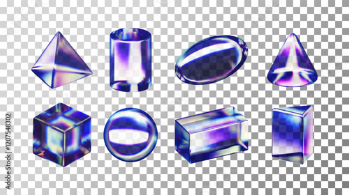 3d set of holographic geometric figures. Render collection of glass shapes on transparent background. Cone, cube, cuboid, pyramid, cylinder, sphere, ellipse rainbow gradient. Vector illustration