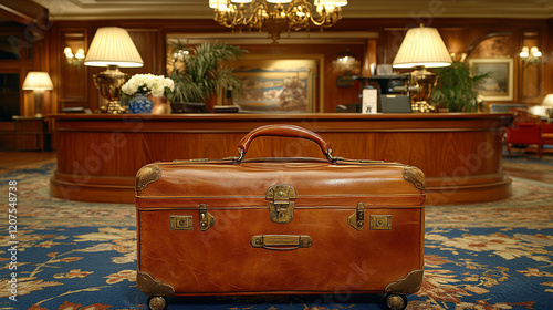 An old bag placed in a hotel room photo