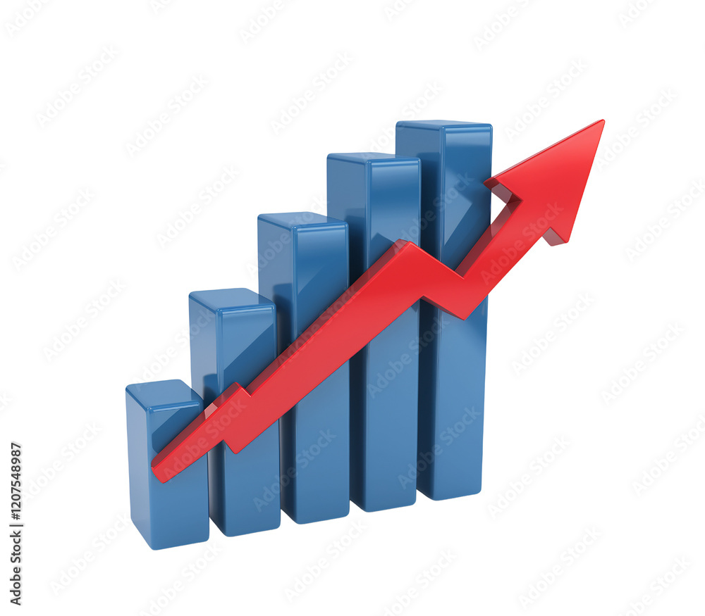 3D Bar Graph with Growth Indicator Arrow 3D Bar Graph with Growth Indicator Arrow