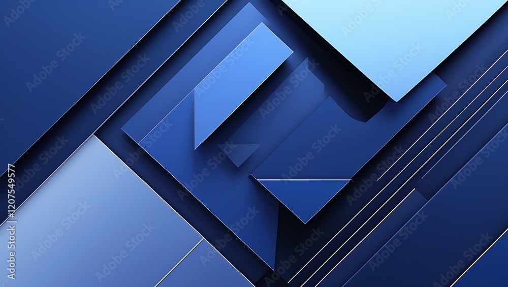 Obraz premium Digital abstract art with overlapping rectangles in shades of blue, creating depth and movement in a minimalist geometric pattern with a modern aesthetic.