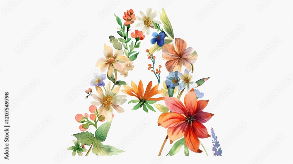 Obraz premium Elegant Letter A Floral Monogram with Watercolor Wild Flowers