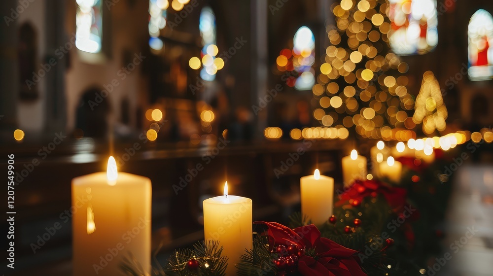 Serene Candlelit Atmosphere in a Church During Christmas Celebration Serene Candlelit Atmosphere in a Church During Christmas Celebration