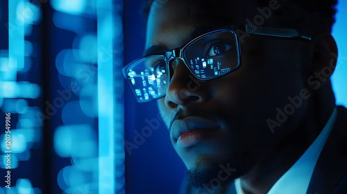 Wallpaper Mural Cyber security analyst analysing AI cyberspace threats on computer in dark tech office data centre. Blue lighting. Black african american IT specialist ethical hacking Torontodigital.ca