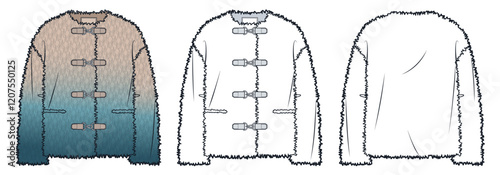Fur Trimmed Jacket with Toggle Fastenings technical fashion illustration. Fur Coat fashion flat technical sketch template, front and back view, white, mocha, blue, women, men, unisex CAD mockup set.