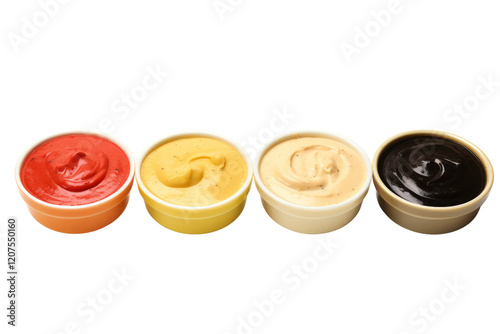 Five bowls each containing different dipping sauces such as honey mustard, hot sauce, balsamic glaze, roasted red pepper sauce, photo