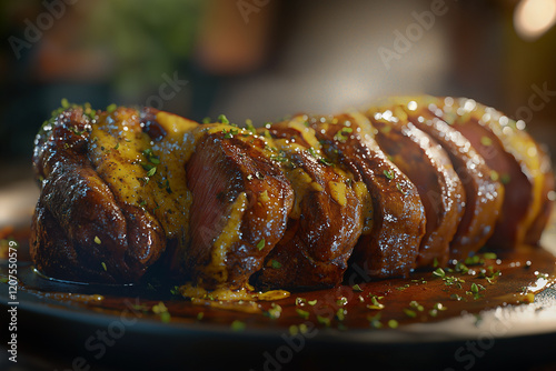 Appetitliches Picanha-Steak, brasilianische Spezialität, perfekt gegrillt, rosafarbener Kern, glänzende Sauce, fächerartig angerichtet, dunkler Teller, Fokus auf Fleisch photo