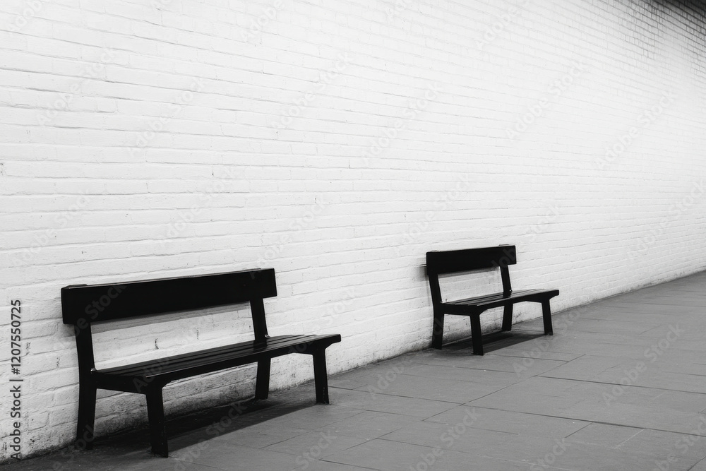 Two black benches are sitting on a sidewalk in front of a white brick wall Two black benches are sitting on a sidewalk in front of a white brick wall