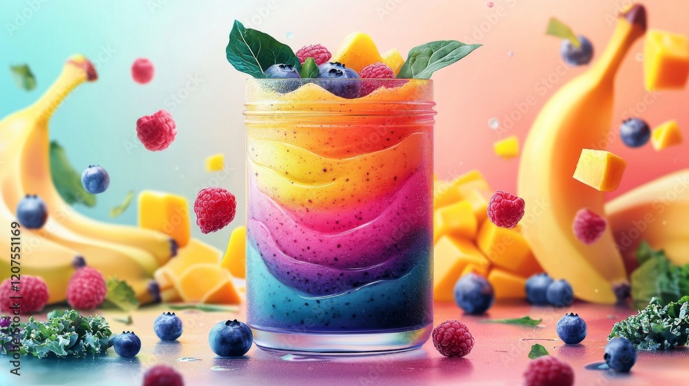 Colorful smoothie jar with fruit layers and icons vector illustration Colorful smoothie jar with fruit layers and icons vector illustration