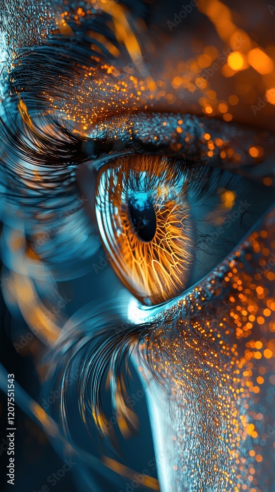 Abstract eye in neon hues surrounded by dynamic digital lines Abstract eye in neon hues surrounded by dynamic digital lines