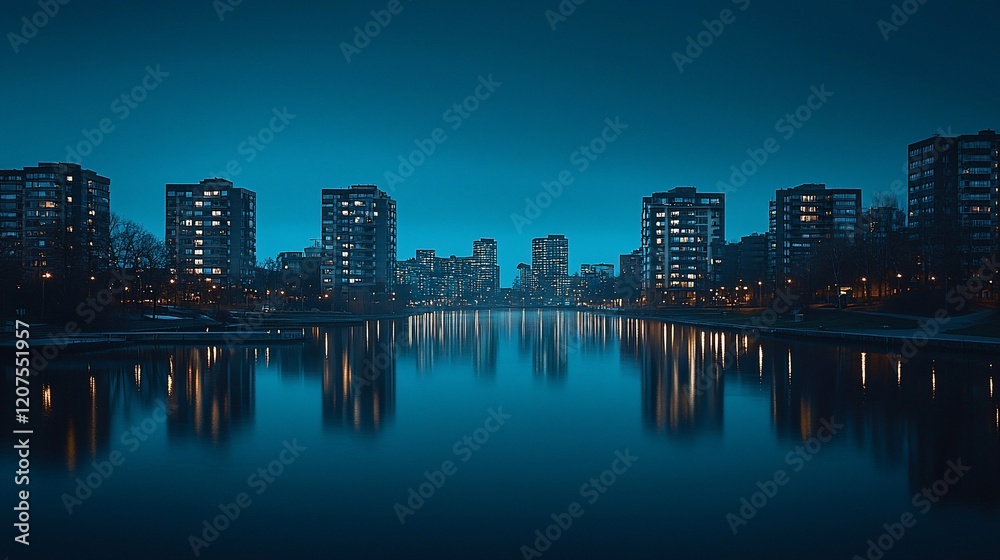 Fototapeta premium Night cityscape reflected in calm water.