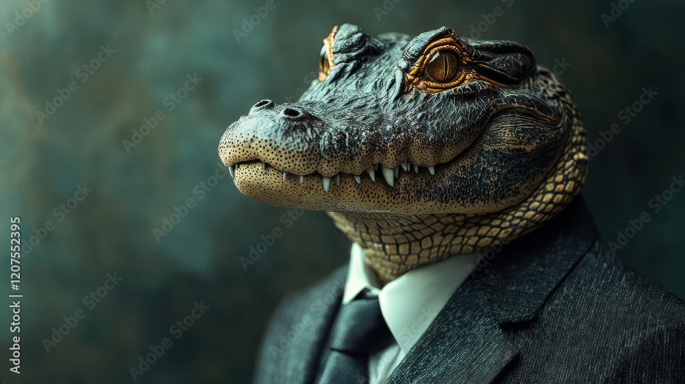 Obraz premium Close up of a crocodile wearing a formal suit with tie against a neutral background