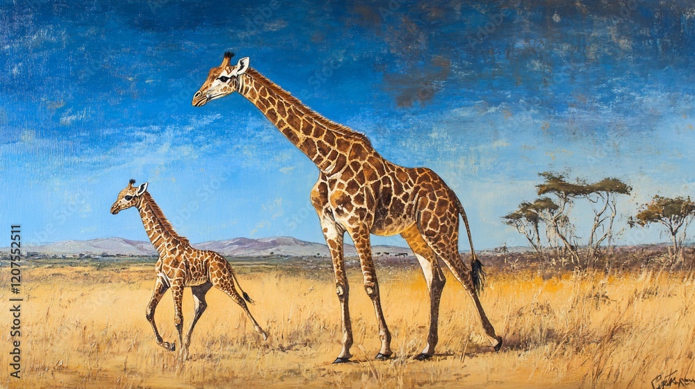 Obraz premium African Giraffes in the Savannah: A Mother and Calf Stroll Across Golden Grasslands Under a Vibrant Sky
