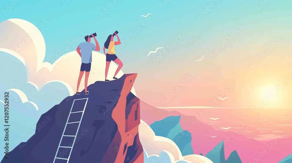 Fototapeta premium Corporate Concept: Business People Looking Towards Future Success, Male and Female on Ladder