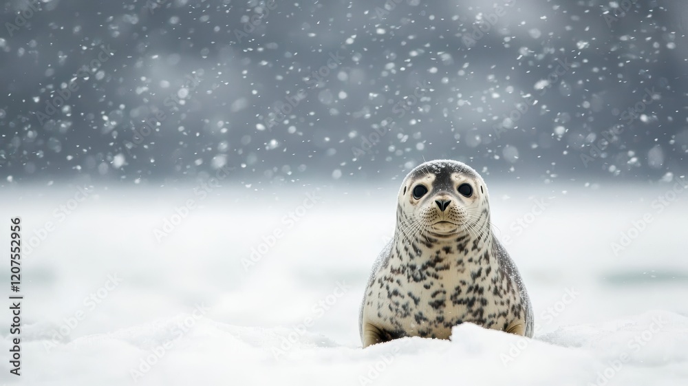 Obraz premium A curious seal rests on the snowy landscape, surrounded by falling snowflakes, creating a serene winter atmosphere.