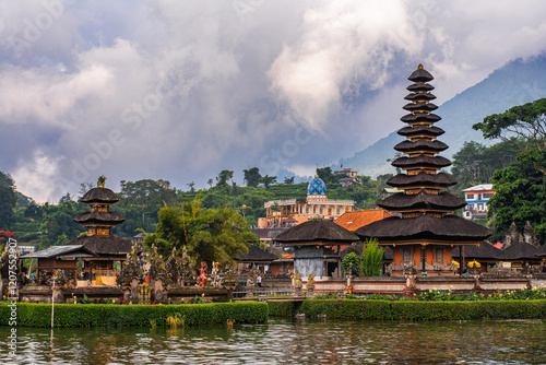 Temple complex Pura Ulun Danu Bratan, Hindu Shaivite temple on Lake Bratan in Bali, Indonesia. Water temple. Religious building. photo