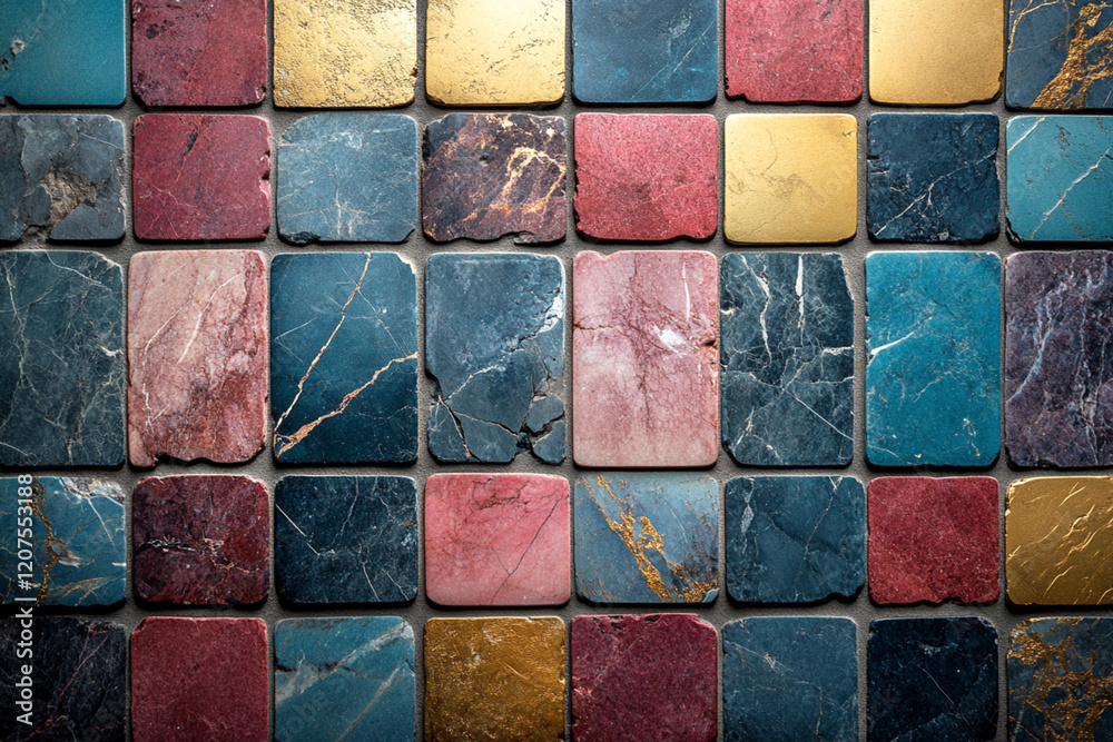 Colorful square marble tiles arranged in a grid pattern with vibrant blue, red, pink, and gold textures and intricate natural veining Colorful square marble tiles arranged in a grid pattern with vibrant blue, red, pink, and gold textures and intricate natural veining