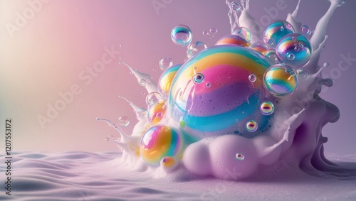 Macro View of Colorful Foam Bubbles with Rainbow Reflections
