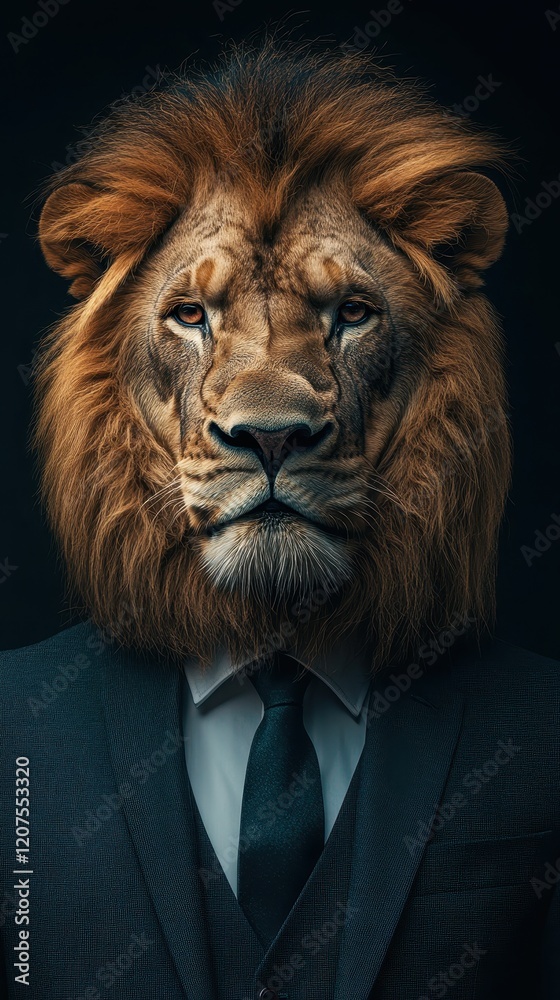 Lion dressed in formal suit and tie standing confidently in an office environment Lion dressed in formal suit and tie standing confidently in an office environment