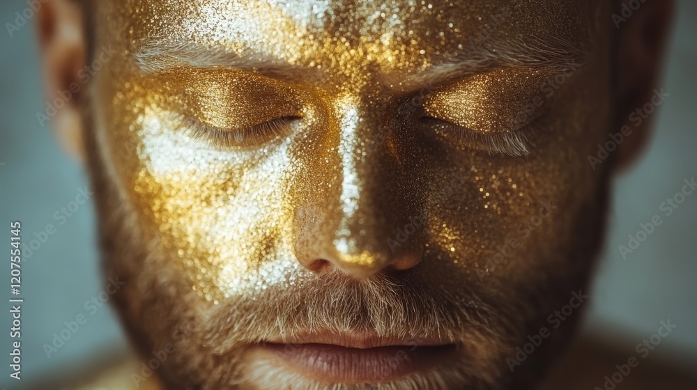 A close-up portrait of a man with his eyes closed, featuring a face covered in shimmering gold glitter A close-up portrait of a man with his eyes closed, featuring a face covered in shimmering gold glitter
