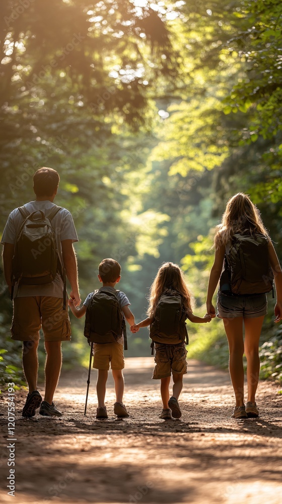 Naklejka premium Family Hiking Adventure Sunny Forest Trail Walk