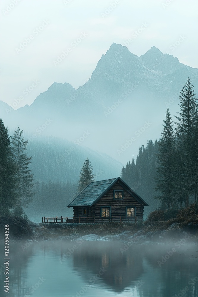 Fototapeta premium A beautiful wooden cabin nestled in a remote wilderness, framed by towering misty mountains and lush pine trees. Soft natural light creates a calming atmosphere perfect for relaxation