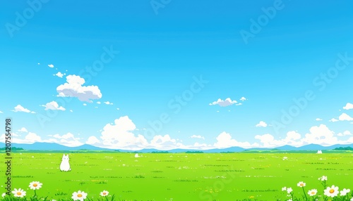 White Rabbit in a Sunny Green Meadow Landscape
