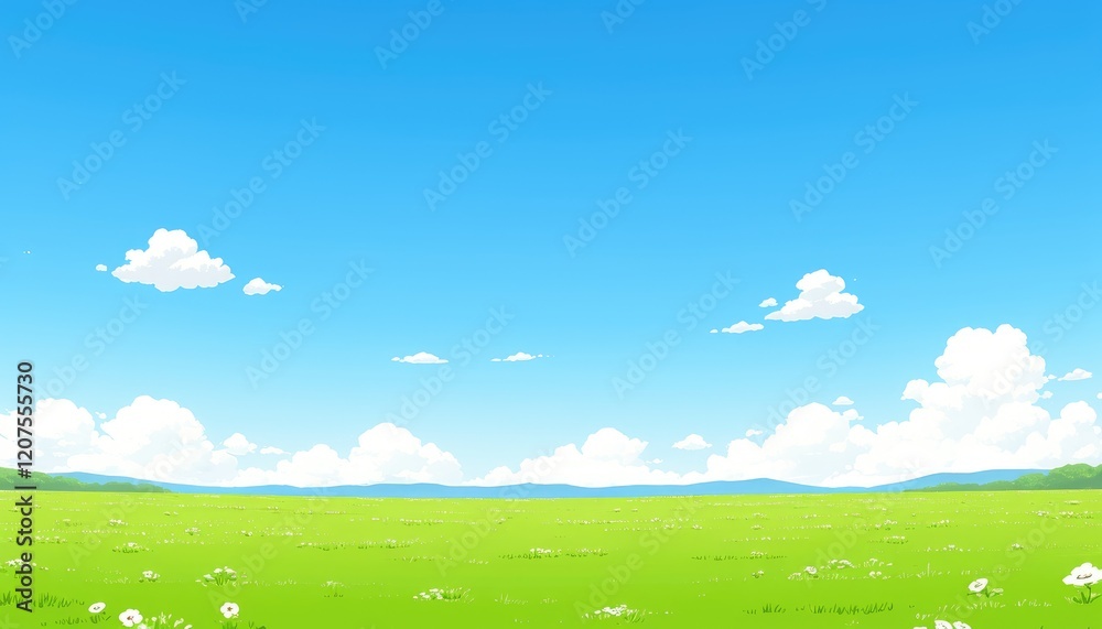 Fototapeta premium Serene Summer Meadow Under Blue Sky With Fluffy Clouds