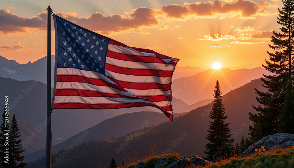 Obraz premium Independence Day USA flag waving on a pole at sunset in the mountains