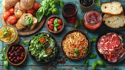 Wallpaper Mural Full table of delicious dinner party European foods and drinks from a top view Torontodigital.ca