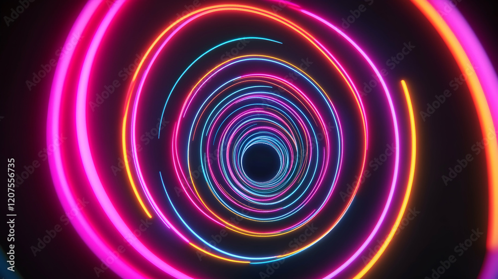 A glowing abstract spiral pattern in vibrant neon colors on a clean black background, creating depth and symmetry A glowing abstract spiral pattern in vibrant neon colors on a clean black background, creating depth and symmetry