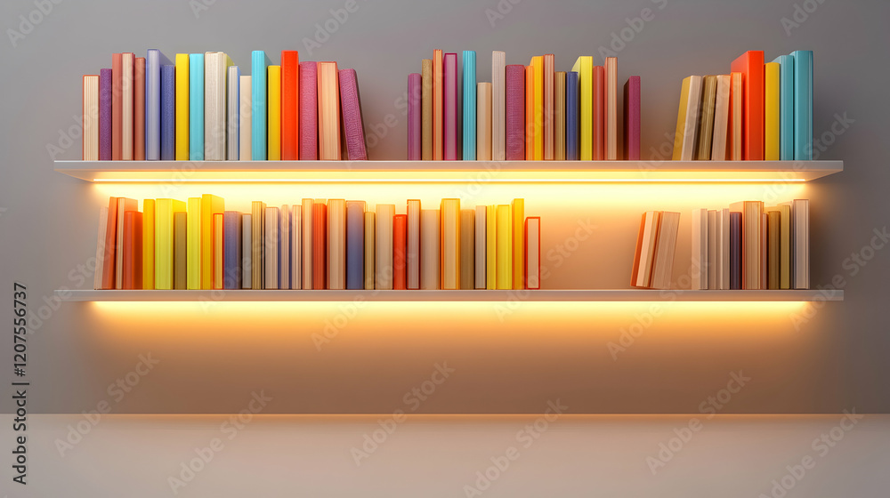 A glowing bookshelf filled with vibrant books organized neatly against a clean minimalist background A glowing bookshelf filled with vibrant books organized neatly against a clean minimalist background