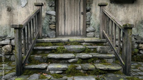 A quaint old house entrance with cracked stone stairs, wooden railings, and a simple door that creaks with age. 