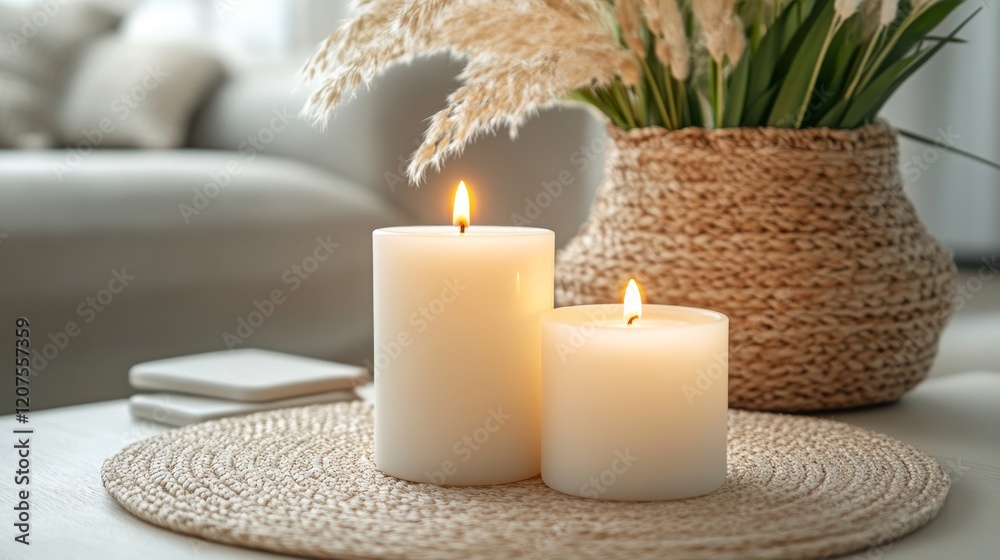 Two glowing candles on a woven placemat with a decorative plant in a basket in a cozy indoor setting Two glowing candles on a woven placemat with a decorative plant in a basket in a cozy indoor setting