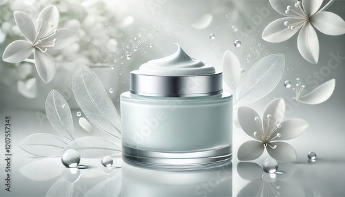 Luxurious presentation of moisturizer in frosted glass jar with delicate flowers water drops. Cosmetic product packaging box mockup Commercial use social media marketing billboards Poster Rejuvenation